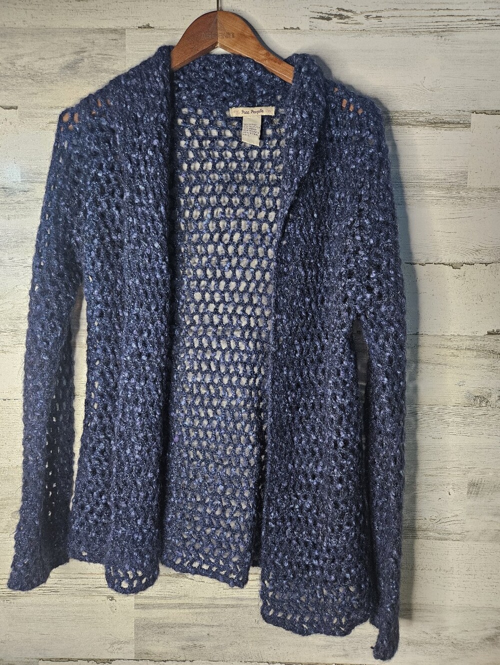 Vintage Free People Mohair Blend Open Weave Blue Cardigan Boho Coastal Large